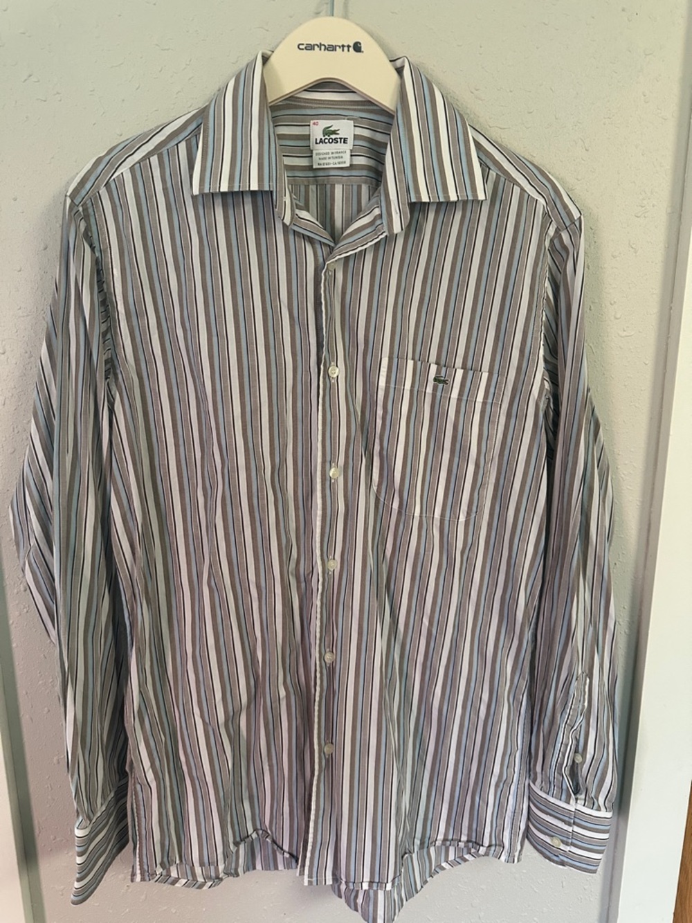 Vintage Lacoste Striped Long-Sleeve Dress Shirt in Blue, Gray, White